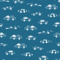 Funny doodle cars vector seamless pattern.