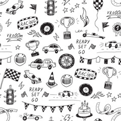 Racing cars vector line seamless pattern.
