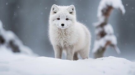 Naklejka premium White cold fox (Vulpes Lagopus) within the snow within the Cold. Snow Fox