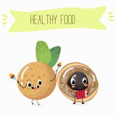 Vector cartoon character longan, funny vegetables, fruits. Fresh harvest, exotic, organic, vegetarian products, children's birthday, price tag, sticker.