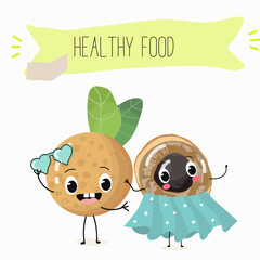 Vector cartoon character longan, funny vegetables, fruits. Fresh harvest, exotic, organic, vegetarian products, children's birthday, price tag, sticker.