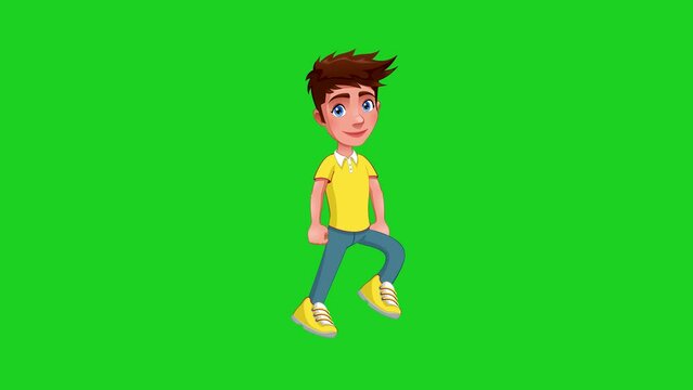 teenage boy casually walking Cute 2d animated cartoon loop with green screen background