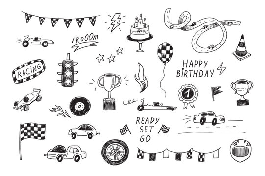 Racing cars Happy Birthday line vector illustrations set.