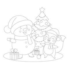 Snowman and squirrel celebrate New Year. Coloring book for children. Cartoon vector illustration