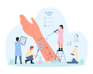 Allergy test on patients skin vector illustration. Cartoon tiny people holding pipette to drop on human arm, doctors allergists with magnifying glass research allergic reaction at hospital examination