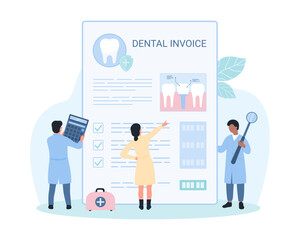 Dental insurance for tooth care, bill cost coverage vector illustration. Cartoon tiny people with magnifying glass and calculator study checklist form for treatment, orthodontic service for implant
