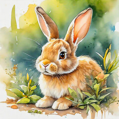 Cute little rabbit cartoon in watercolor painting style.