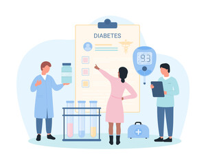 Diabetes medical checkup vector illustration. Cartoon tiny doctor characters monitor sugar blood level with glucometer, check patient health, control hyperglycemia and hypoglycemia with therapy