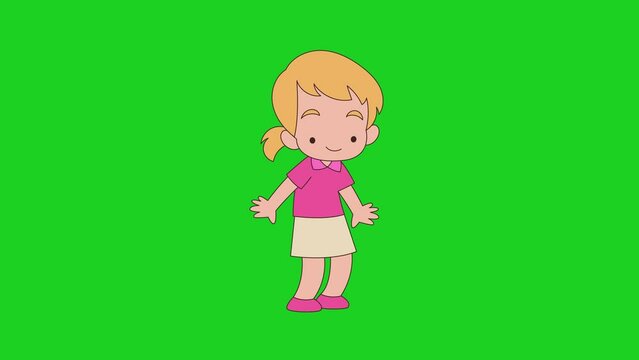 Happy cheerful girl 2d cartoon animated green screen background