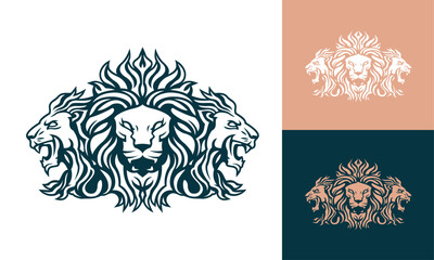 Lion King heads mascot front and side view company logo vector line art illustration on black and white background. Triple Lion faces and mane business logo design.