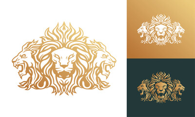 Gold Lion heads vector line art illustration isolated on dark and white background. Lion face and mane business logo design template.
