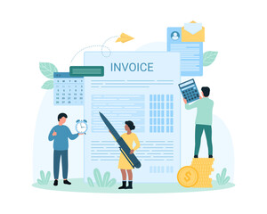 Accounting process, invoice and tax declaration management by accountant vector illustration. Cartoon tiny people holding pen and calculator, clock to work with financial documents, payroll and bills