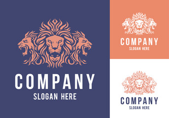 Triple Lion face mascot front and side view logotype line art eps vector art image illustration. Lion head with mane hair business company logo design and brand identity graphic.