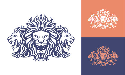 Triple Lion face mascot front and side view vector art image business company logo template, brand identity logotype on white and dark backgrounds.