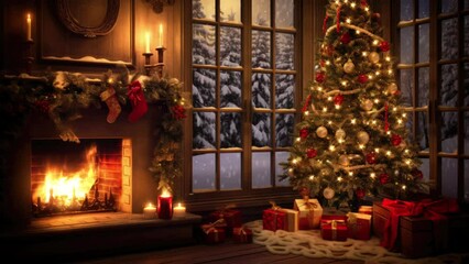 Christmas tree with ornaments, glowing fireplace, and wrapped presents. Festive season ambiance. - Powered by Adobe