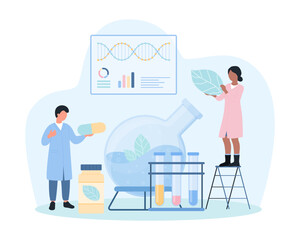 Naturopathy, medical research of natural supplements in laboratory vector illustration. Cartoon tiny scientists holding green leaf and pill to make naturopathic remedy in flask for healing diseases