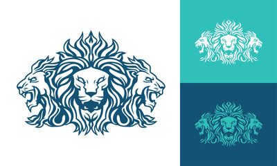 Three Lion King head logo template design line art vector illustration isolated on white and dark backgrounds. Triple Lion face with mane hair brand identity logotype design.
