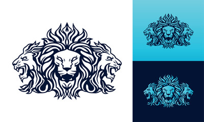 Lion heads vector line art illustration isolated on dark and white background. Lion face and mane business logo design template.