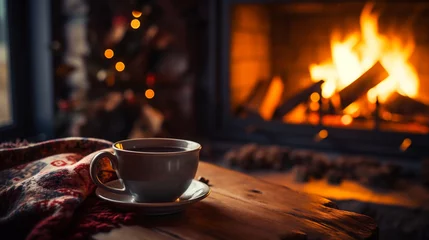 Poster Im Rahmen Cup of hot cocoa on a wooden table in front of a burning fireplace © Jioo7