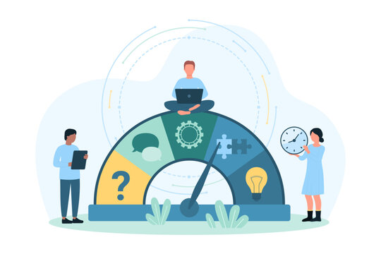 Improvement of soft business skills vector illustration. Cartoon tiny people move arrow on indicator to improve leadership, problem solving and social communication ability of person or team