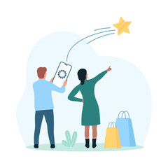 Customers feedback vector illustration. Cartoon tiny people launch star from mobile phone into sky, clients rate experience from product with smartphone app, vote for excellence service and quality