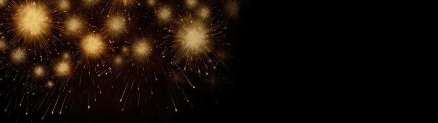 Golden fireworks with bokeh effects creating an abstract New Year ambiance, space for text placement. Realistic fireworks isolated on dark backdrop, adding a touch of festive celebration.