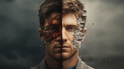 A surreal and abstract portrait of a man with a contrasting face, symbolizing contrasting and moody personality traits against a stormy backdrop. - obrazy, fototapety, plakaty