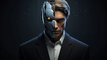 Tuinposter An image of a man with half of his face replaced by a robotic interface, highlighting the fusion of human and machine in a futuristic and dystopian setting. © Khuram Ibn Sabir