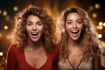Naklejka premium two blonde women are suprised on a luxury lightened background.