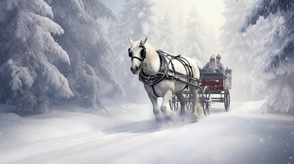 Snowy delight, horse-drawn sleigh ride, wintertime charm, gliding through the snow, serene and scenic winter scene. Generated by AI. - obrazy, fototapety, plakaty