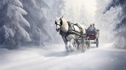 Fotobehang Snowy delight, horse-drawn sleigh ride, wintertime charm, gliding through the snow, serene and scenic winter scene. Generated by AI. © Anastasia