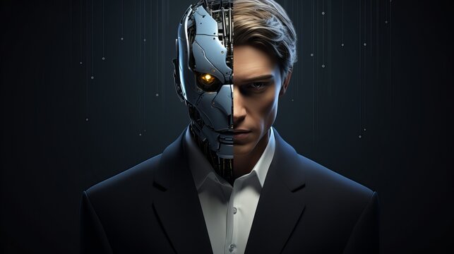 An image of a man with half of his face replaced by a robotic interface, highlighting the fusion of human and machine in a futuristic and dystopian setting.