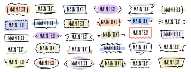 Text title frame handwriting ribbon, square, circle decoration element. Hand drawn sketch style decoration. Doodle cute title frame simple text box, label, tag. Vector illustration - Powered by Adobe