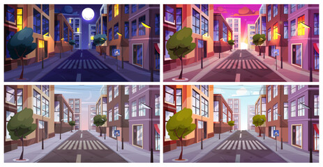 Street view of city during morning and daylight, evening with sunset and night with moon. Vector town with buildings and trees, pedestrian crossing and infrastructure. Panoramic scene - obrazy, fototapety, plakaty