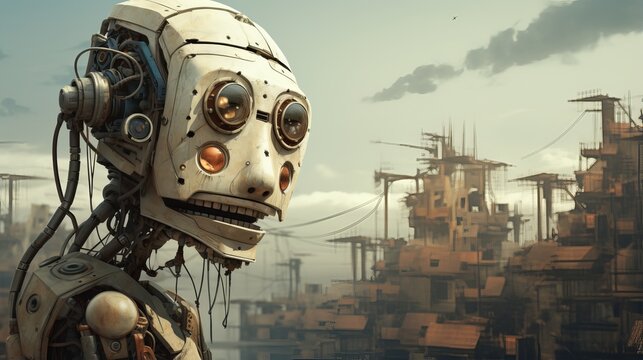 A funky and humorous scene of a robot in a decaying industrial cityscape, highlighting the post-apocalyptic and dystopian elements of technology.