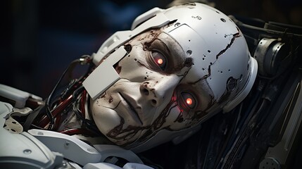 Fototapeta premium A close-up view of a white robot with visible damage and cracks, symbolizing a crash or accident in an extreme outdoor adventure.