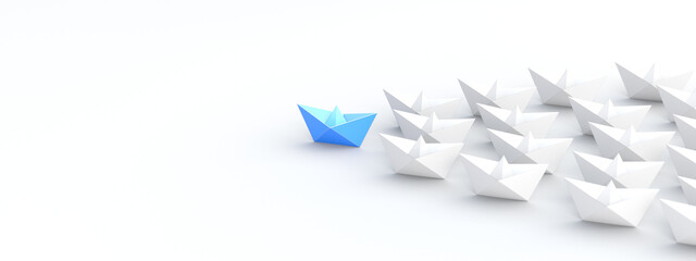 Leadership concept, blue leader boat leading white boats, on white background. 3D Rendering - obrazy, fototapety, plakaty