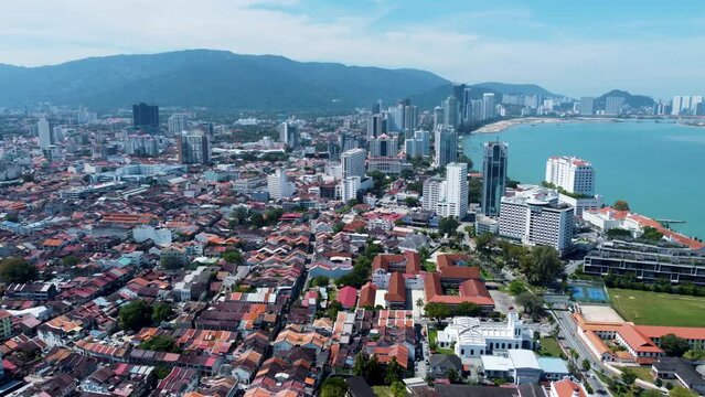 View of the majestic city of Penang with background of Penang hill, aerial