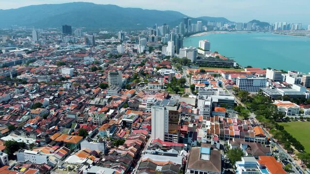 360 aerial view footage of the Malaysian city of Penang. Vacations in Asia