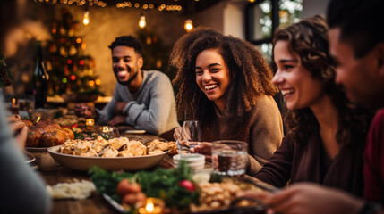 Friends at a home-made holiday dinner - obrazy, fototapety, plakaty