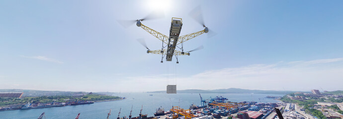 A large electric drone transports a sea container (shipping container). The near future. Flying over the seaport. Drone: 3D model, background: photo. 3d illustration.