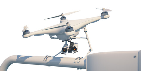 An aerial drone (quadcopter) is a robot character with remote or independent control. The robot looks menacingly. 3d illustration. White background.