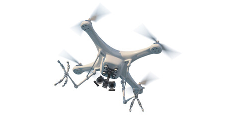 An aerial drone (quadcopter) is a robot character with remote or independent control. The robot attacks menacingly. 3d illustration. White background.