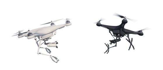 An aerial drone (quadcopter) is a robot character with remote or independent control. Meeting of two different robots in flight. 3d illustration. White background.