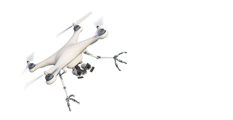 An aerial drone (quadcopter) is a robot character with remote or independent control. The robot attacks menacingly. 3d illustration. White background.