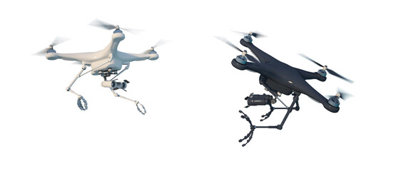 An aerial drone (quadcopter) is a robot character with remote or independent control. Meeting of two different robots in flight. 3d illustration. White background.