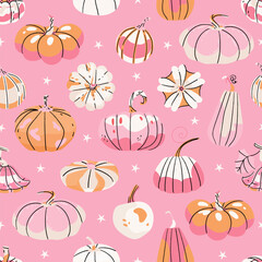 Vintage Thanksgiving pumpkins seamless pattern on pink background. Fall Autumn harvest Great for textiles, table cloth, wrapping, banners, wallpapers, cover, card, fabric