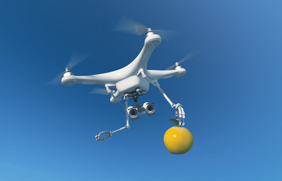 An aerial drone (quadcopter) is a robot character with remote or independent control. The robot looks at the apple in surprise. 3d illustration.