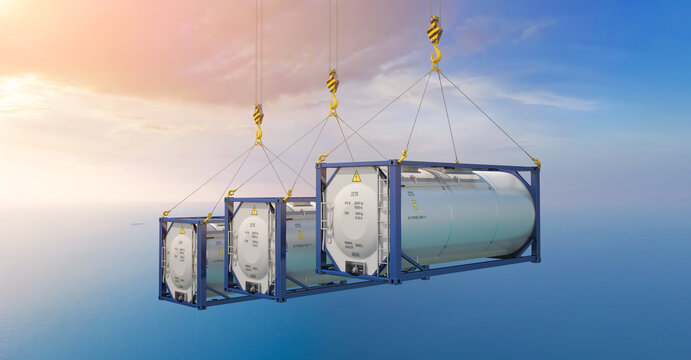 3 tank containers suspended on cables from cranes against the sky. Idea: moving cargo by crane in a port vehicle or in the shipping industry in a broader sense. 3D Illustration.
