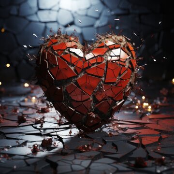 Sad sensational celebration of cracked and broken love symbols on a plain background, great to use for valentines, advertisements, social media, broken hearts etc. Generative Ai Image